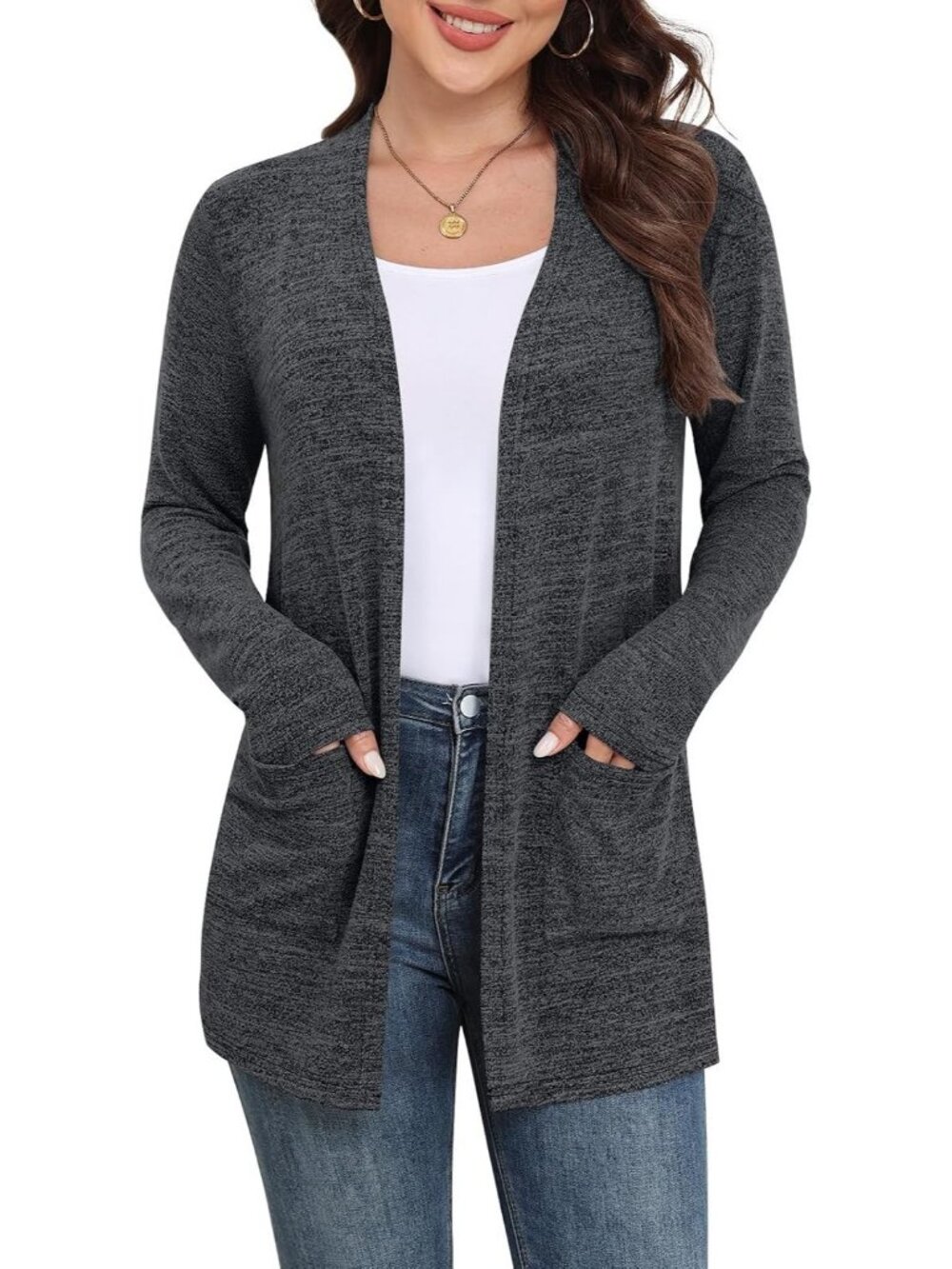 Women's Dark Grey Casual Cardigan Long Sleeve Open Front with Pockets Sweater